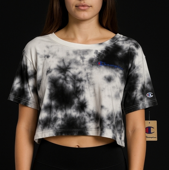 Champion Black White Tie Dye Crop Tee NWT Women’s XS Logo Streetwear - Picture 1 of 4